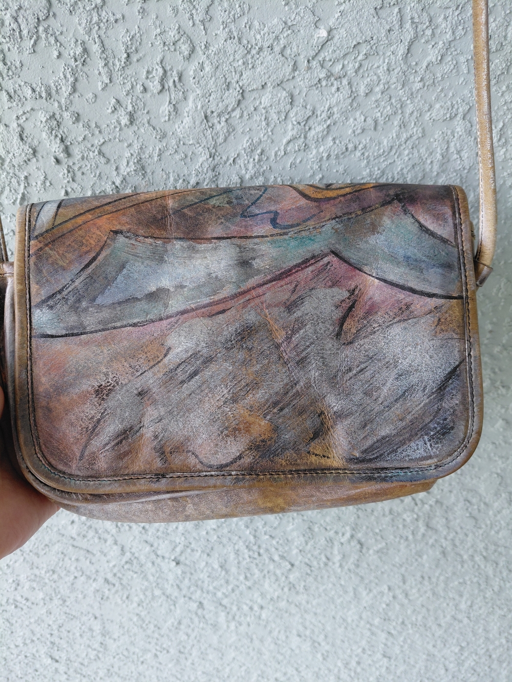 Vintage Jane Yoo Hand Painted Leather Crossbody Bag Artisan Boho Purse